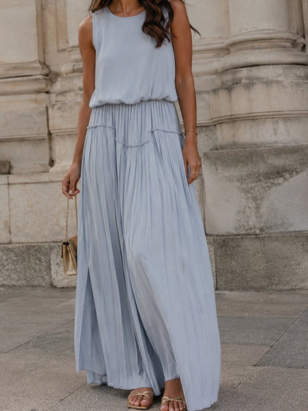 Light Blue Pleated Maxi Dress with Side Slit